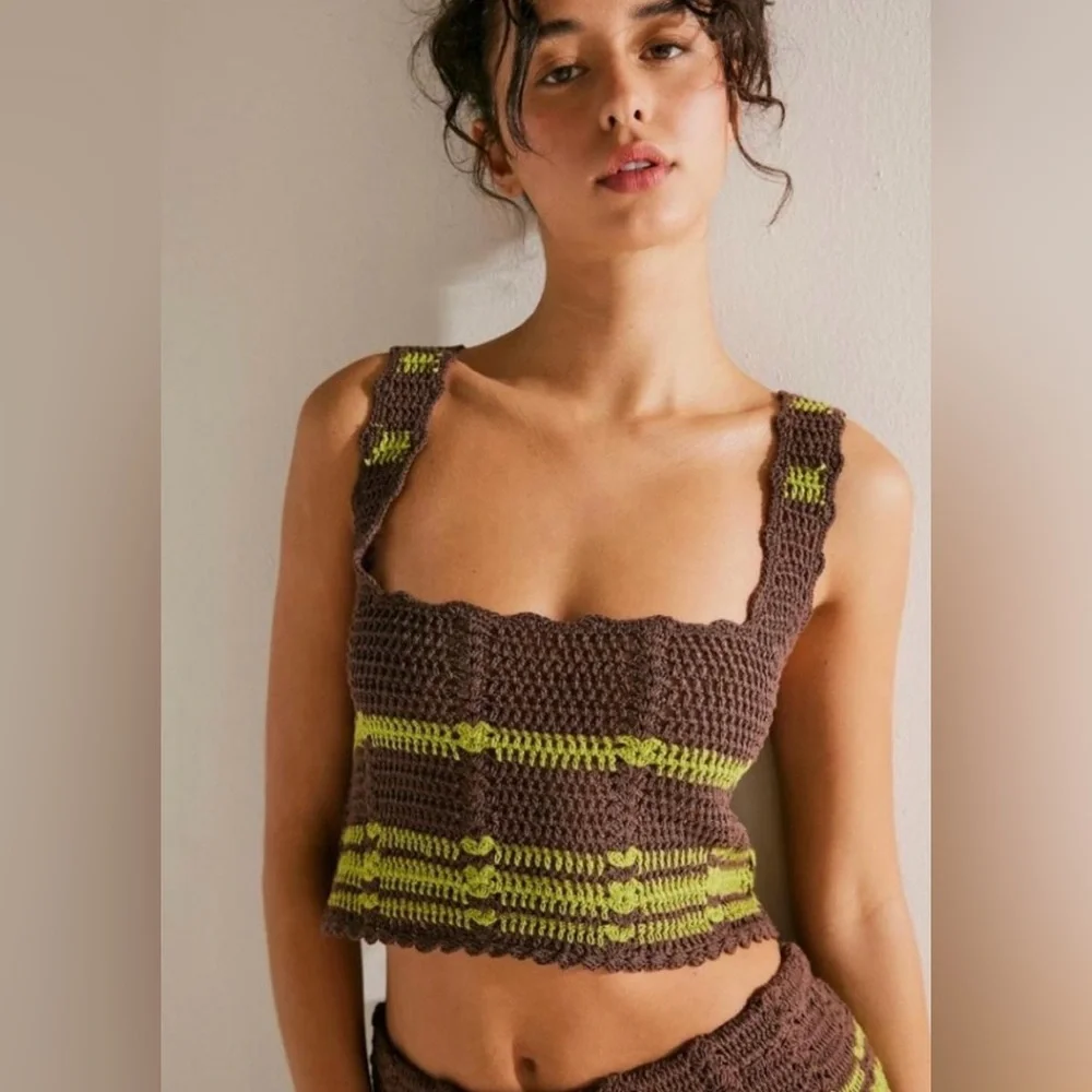 Free People Donni Brown and Green Crochet summer sweater top only size medium